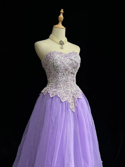 Robe de bal vintage bustier en tulle lilas, dentelle style Y2K années 2000, longueur genou, robes de rentrée des classes N3124