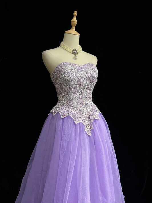 Vintage Ball Gown Sweetheart Lilac Tulle Lace Y2K 2000s Knee Length Homecoming Dresses N3124