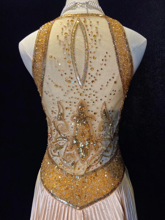 Vintage Prom Dresses 80s A Line Halter Sleeveless Gold With Beading Semi Formal Evening Outfits N3610