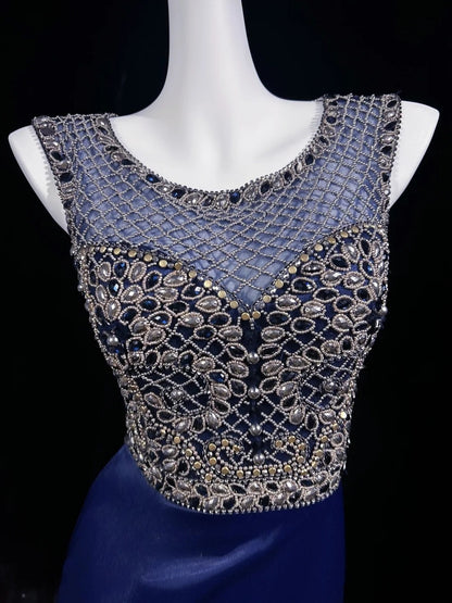 Vintage Prom Dresses 1950s Mermaid Scoop Royal Blue Satin With Split Beads Sleeveless Evening Formal Outfits RB4333