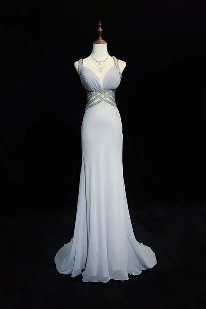 Vintage Prom Dresses Mermaid Sweetheart Gray Chiffon With Beading 1970s Long Formal Gown N2614