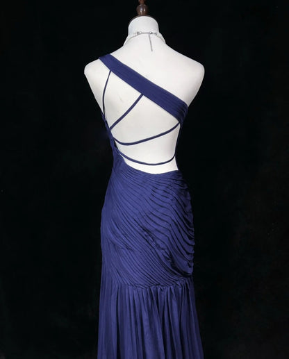 Robes de bal de rêve des années 90 Sirène Asymétrique Bleu Marine Plissée Tenues de Soirée Formelles N3836