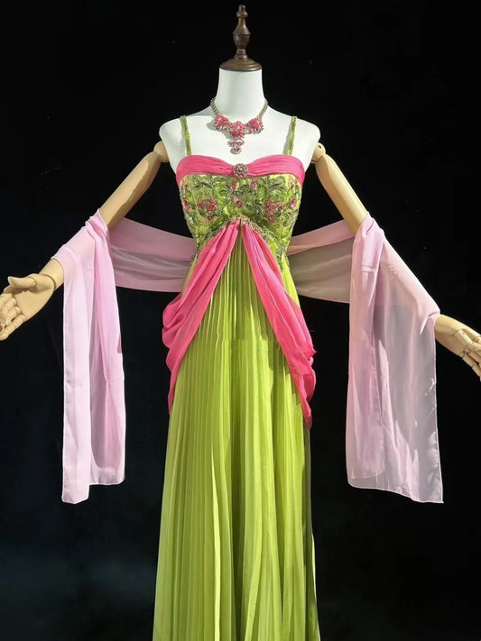 Vintage Prom Dresses A line Spaghetti Strap Pink Green Chiffon With Beading 1960s Long Formal Gown N2610