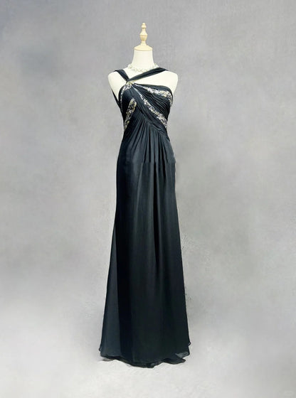 Bescheidene Ballkleider A-Linie Neckholder Schwarz Chiffon Rückenfrei Bodenlang Formelle Abendgarderobe N3484
