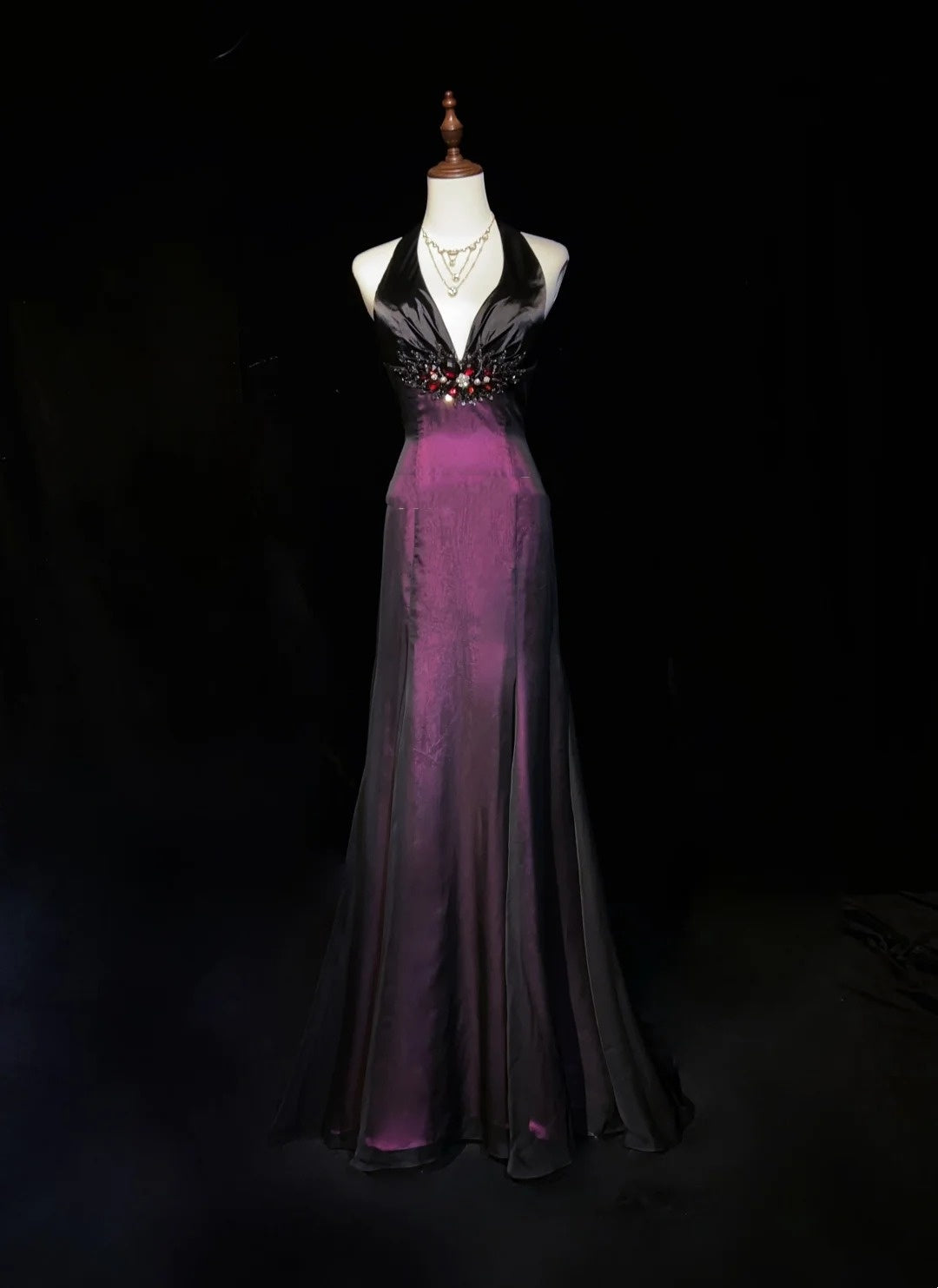 Robes de bal vintage Sirène, dos nu, en mousseline de soie noire et satin violet, robe de soirée des années 1990 N2654