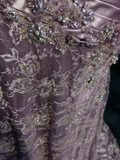 Elegante Abschlussballkleider Meerjungfrau Sweetheart Flieder Tüll Spitze mit Perlen langes Abendkleid N2909