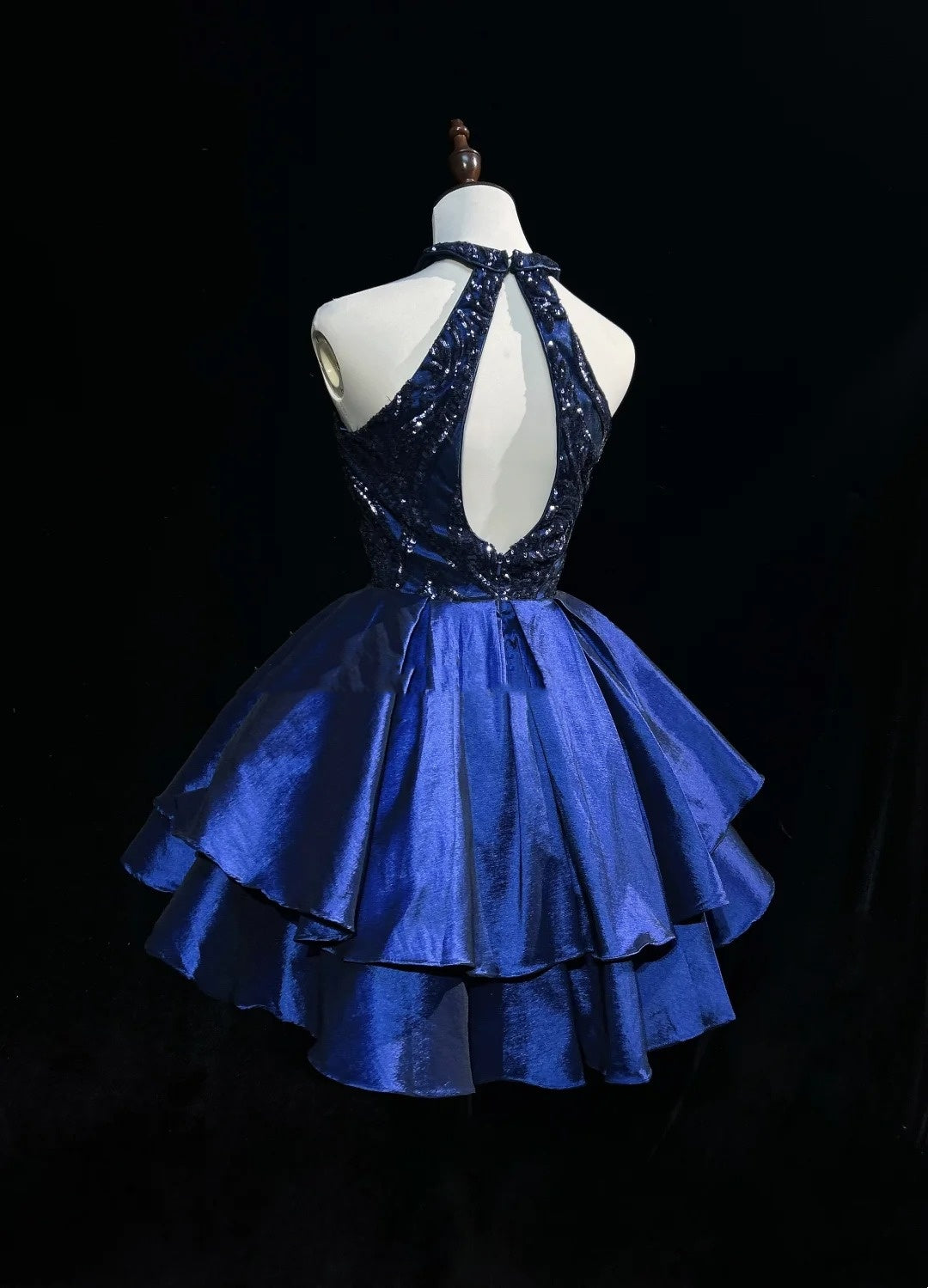 Bescheidene Ballkleid Hochgeschlossen Marineblau Satin Pailletten Ideen für Frauen Kurze Geburtstags Kleider Mini Homecoming Outfits N3272