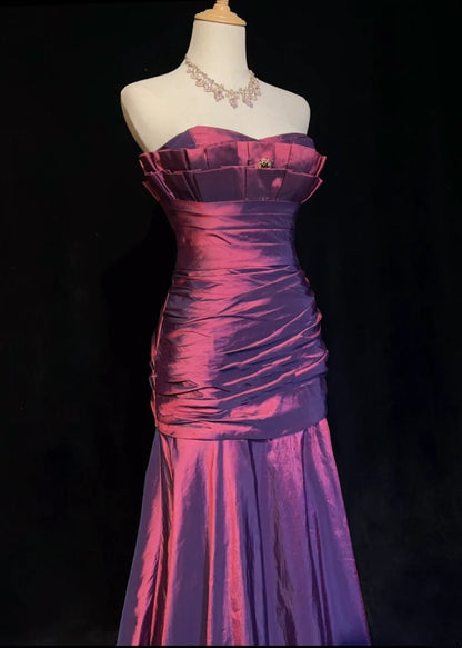 Vintage Abschlussballkleider Meerjungfrau Sweetheart Lila Satin 90er Mit Rüschen Langes Ballkleid N2513