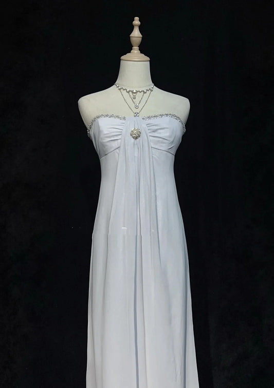 Vintage 90s Prom Dresses A Line Strapless Silver Chiffon Empire Long Prom Gown N3019