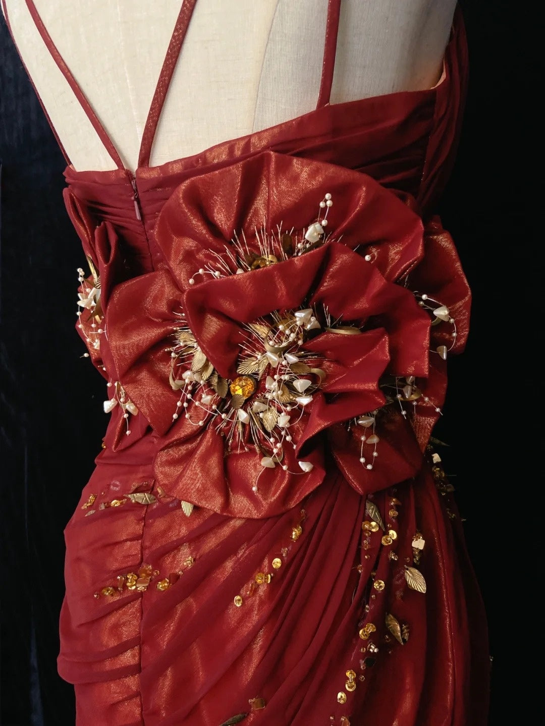 Belles Robes de Bal Sirène Bretelles Fines Bordeaux avec Fleurs 3D Longues Tenues de Soirée Formelles N3660