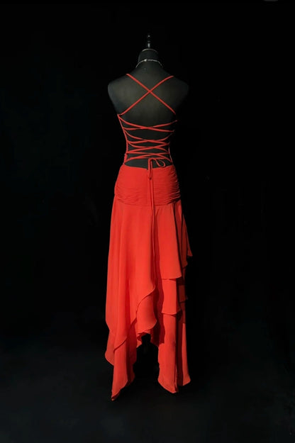 Robes de bal vintage esthétiques Années 80 Rétro Coupe trapèze Rouge Sans dos Mousseline Mi-longue Tenues de soirée N2323