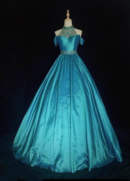 Vintage Ballkleider Inspo Ballkleid Hochgeschlossen Blau Satin 1990er Mit Perlen Abendkleider N3322