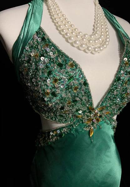 Robes de bal vintage Sirène Halter Dos Nu Vert Perlé Années 90 Longue Robe de Soirée Formelle N2648