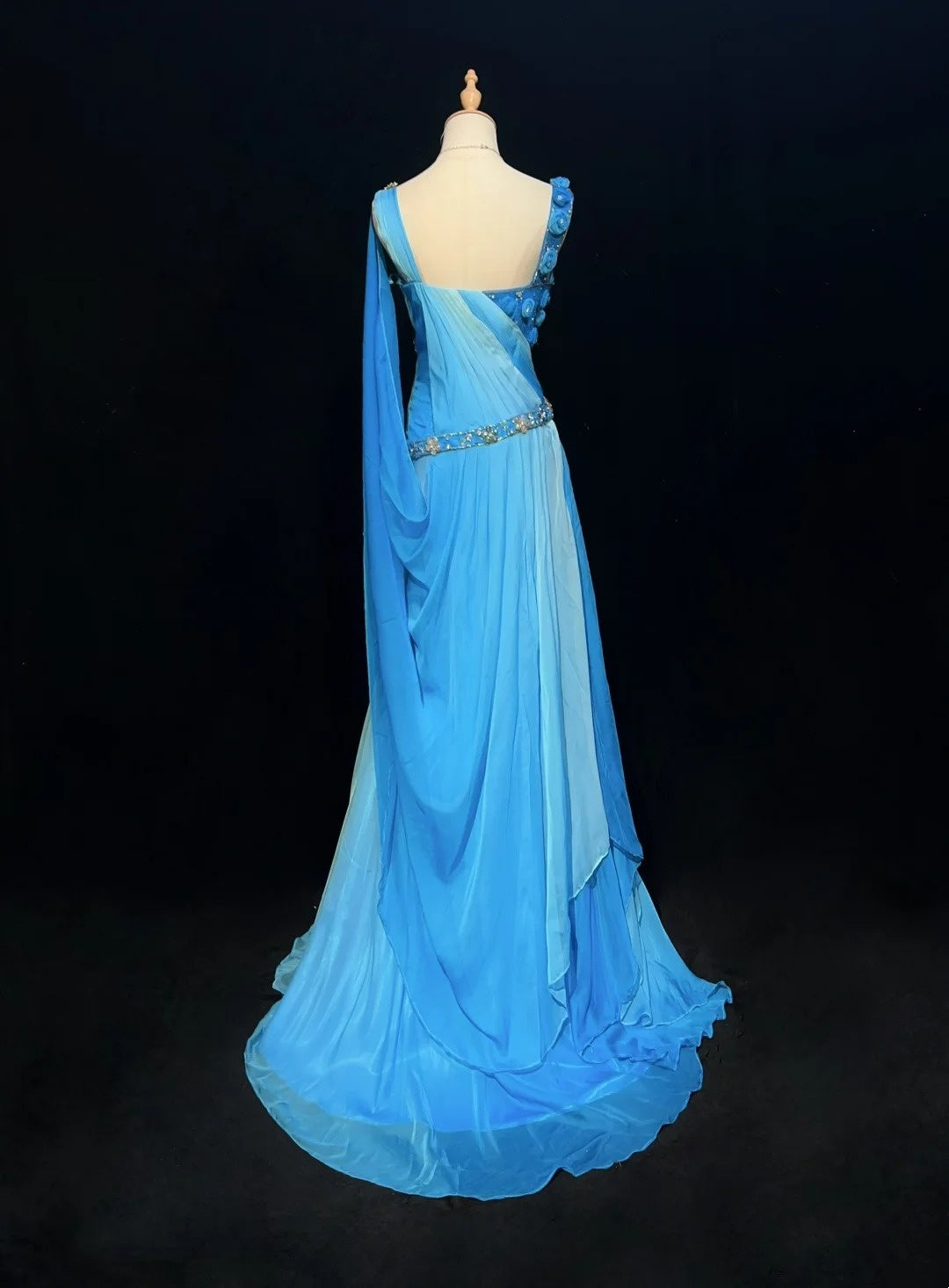 Inspiration Robes de bal Vintage Sirène Col V Bleu Royal Mousseline de Soie avec Fleurs Perles Années 80 Robe de Soirée Longue N2743