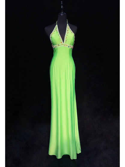 Robes de bal modestes Sirène Halter Vert Satin Longueur Ras du sol Tenues de soirée formelles N3482