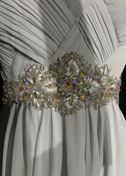 Robes de bal vintage en mousseline de soie grise sans bretelles coupe trapèze avec corsage perlé sans manches années 90 longue robe de soirée formelle N2636