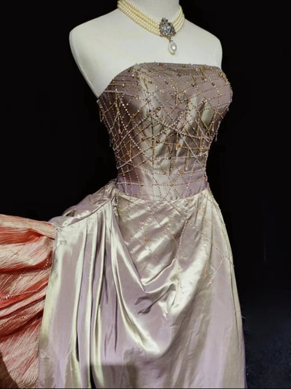 Robes de bal vintage pour le bal de fin d'année, bustier en satin rose poudré des années 80 avec perles, longues tenues de soirée formelles N3870