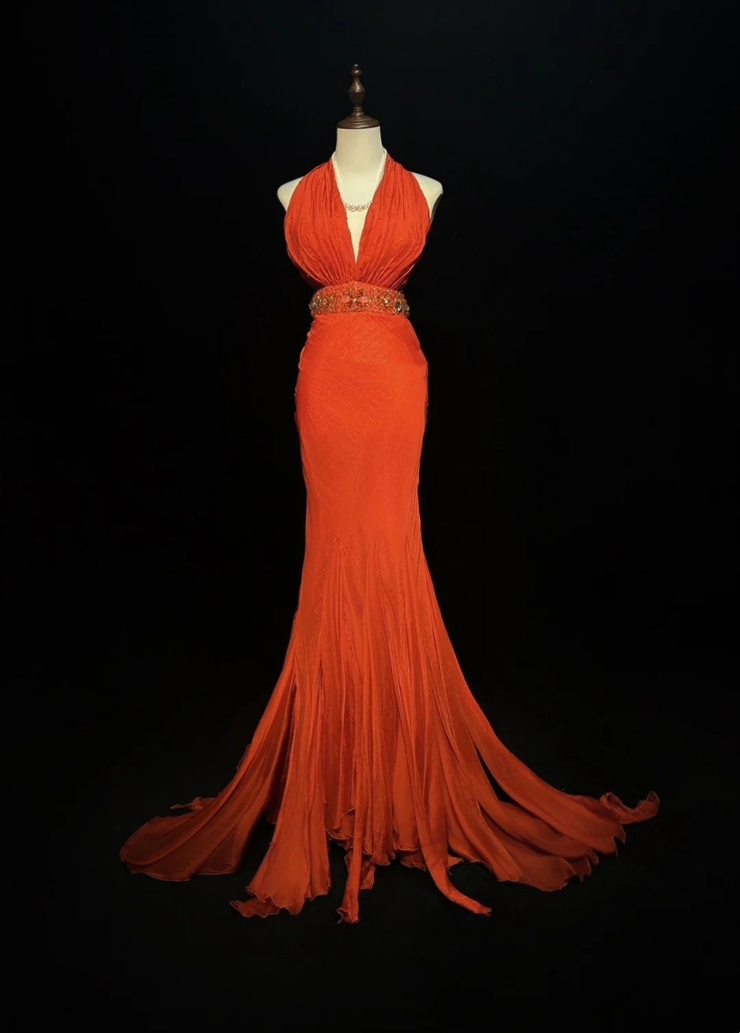 Vintage Prom Dresses Mermaid V Neck Orange Chiffon Backless 90s Long Formal Evening Gown N2646