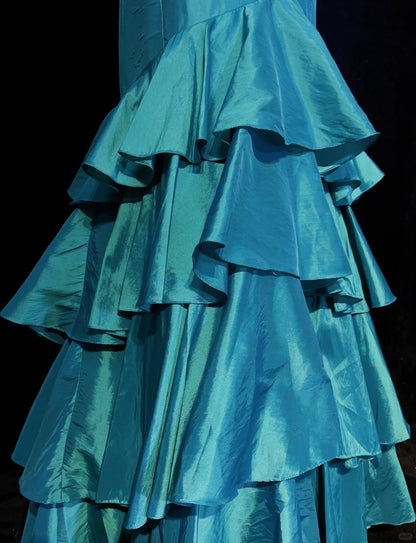 Robes de bal vintage des années 80, sirène, asymétrique, en satin bleu, sans manches avec volants, tenues de soirée semi-formelles N3623
