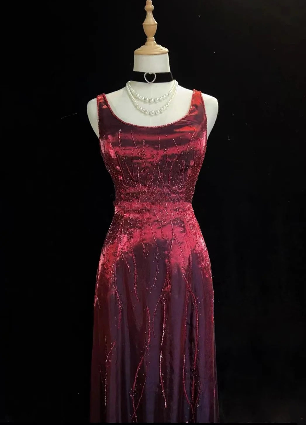 Robes de bal vintage coupe trapèze bordeaux avec paillettes, perles, robe de soirée formelle années 80 RB3278