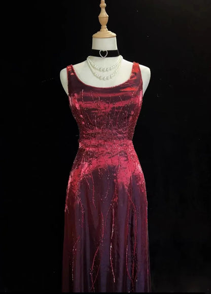 Robes de bal vintage coupe trapèze bordeaux avec paillettes, perles, robe de soirée formelle années 80 RB3278
