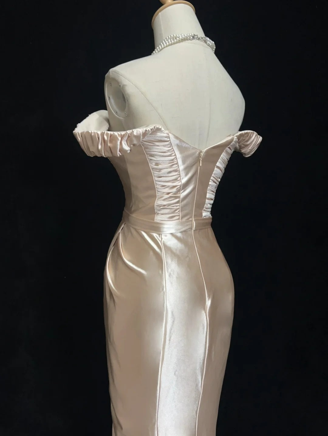 Robes de bal vintage des années 90, sirène, épaules dénudées, en satin champagne, longue robe de bal N3010