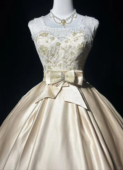 Zeitlose Hochzeitskleider Ballkleid Quadratischer Ausschnitt Champagner-Satin Mit Perlenbesetzter Spitze Lange Brautrobe N3435