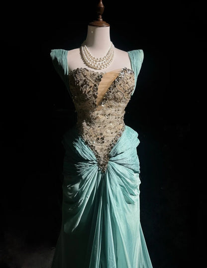 Robes de bal vintage sirène bustier avec dentelle plissée perles longue robe de soirée N2462
