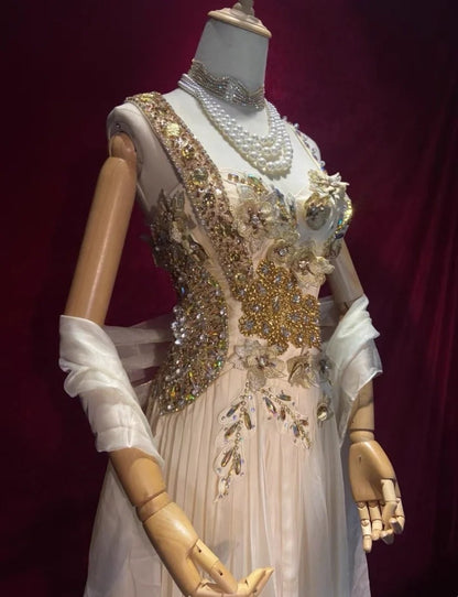 Magnifiques robes de bal ligne A bretelles mousseline de soie champagne clair avec cape tenues de soirée longues N3439