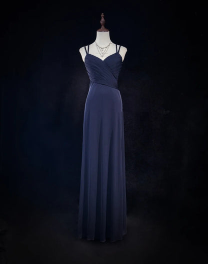 Vintage Abschlussballkleider 1980er Jahre A-Linie Spaghettiträger Satin Marineblau Lang mit Perlen Abendgarderobe N3133