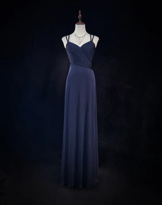 Vintage Prom Dresses 1980s A Line Spaghetti Strap Satin Navy Blue Long With Beading Evening Outfits N3133