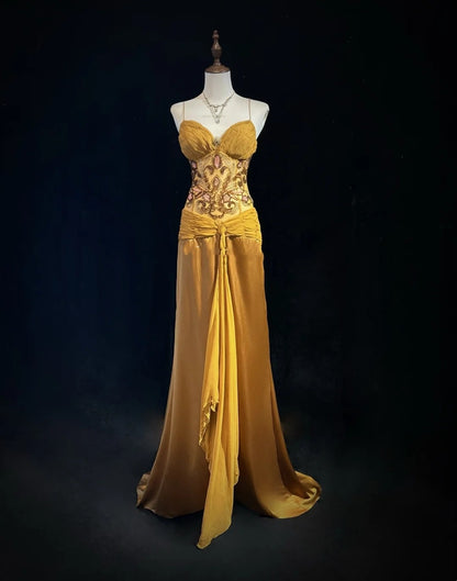 Vintage Abschlussballkleider Meerjungfrau Spaghettiträger Gold mit Rüschenperlen Chiffon 90er Jahre Abendkleid N2588