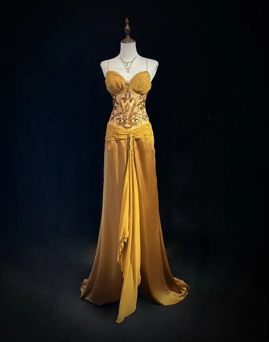 Vintage Prom Dresses Mermaid Spaghetti Strap Gold With Ruffle Beads Chiffon 90s Formal Gown N2588