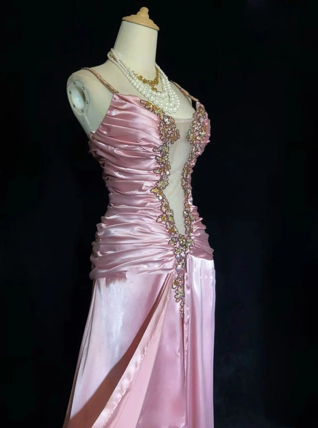 Robes de bal vintage des années 80 sirène à fines bretelles en satin rose longues tenues de soirée N3479