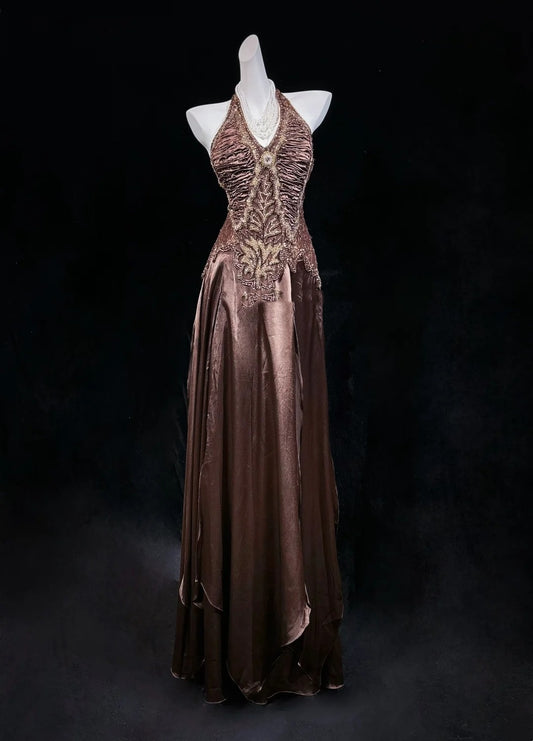 Retro A line Halter Chocolate Long Floor Length Prom Dresses Formal Party Outfits RB3949