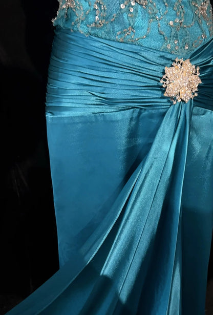 Robes de bal vintage, inspiration sirène, fines bretelles, satin bleu années 80 avec perles, robes de soirée N3353