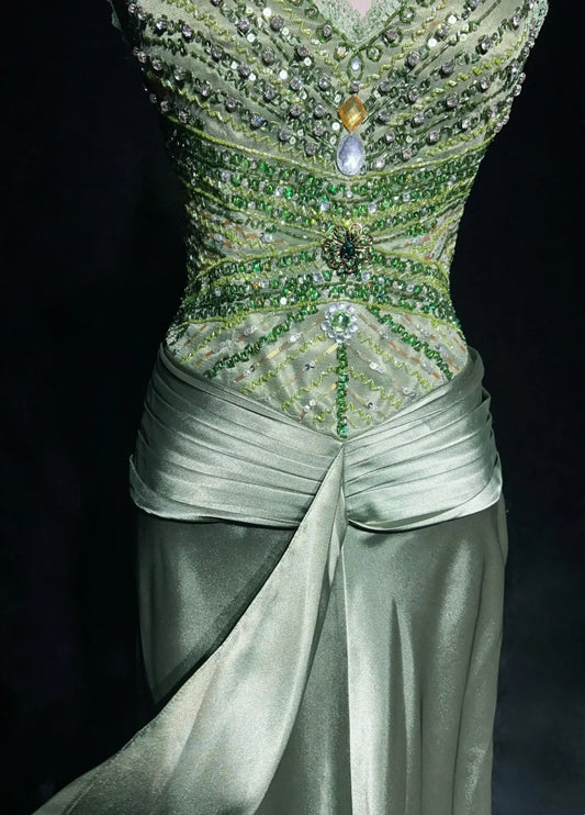 Vintage Prom Dresses Mermaid V Neck Sage Green Sleeveless Satin With Beading 1980s Long Formal Gown N2865
