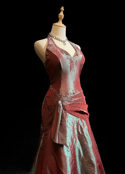 Vintage-Abschlussballkleider 1980er Ballkleid Neckholder Bodenlang Satin mit plissierter Perlenstickerei Abendmode N3126