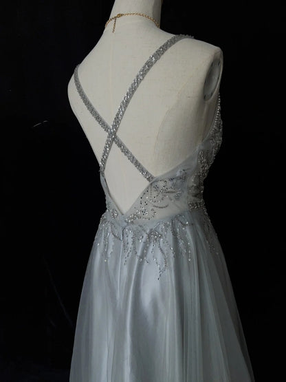 Vintage Prom Dresses Inspo A line V Neck Light Grey With Beading For Women Formal Dress N3238