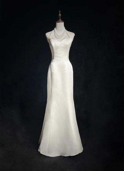 Robes de mariée uniques sirène dos nu satin bohème brodé blanc longue robe de mariée N3290