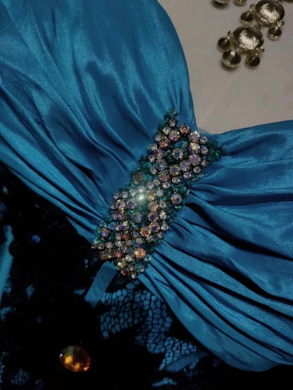 Inspiration Robes de bal vintage Sirène, licol, bleu, noir, dentelle, années 80, avec volants appliqués, robes de soirée N3362