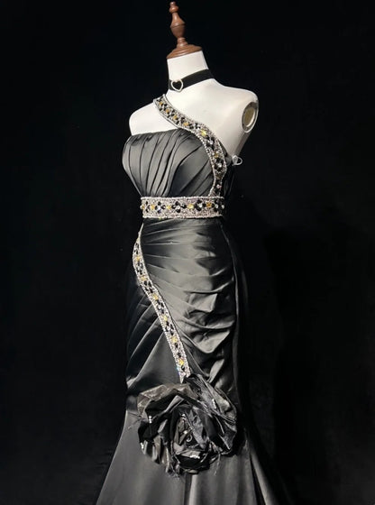 Vintage Mermaid One Shoulder Black Tie Dress Evening Long Prom Dresses Formal Outfits RB3936