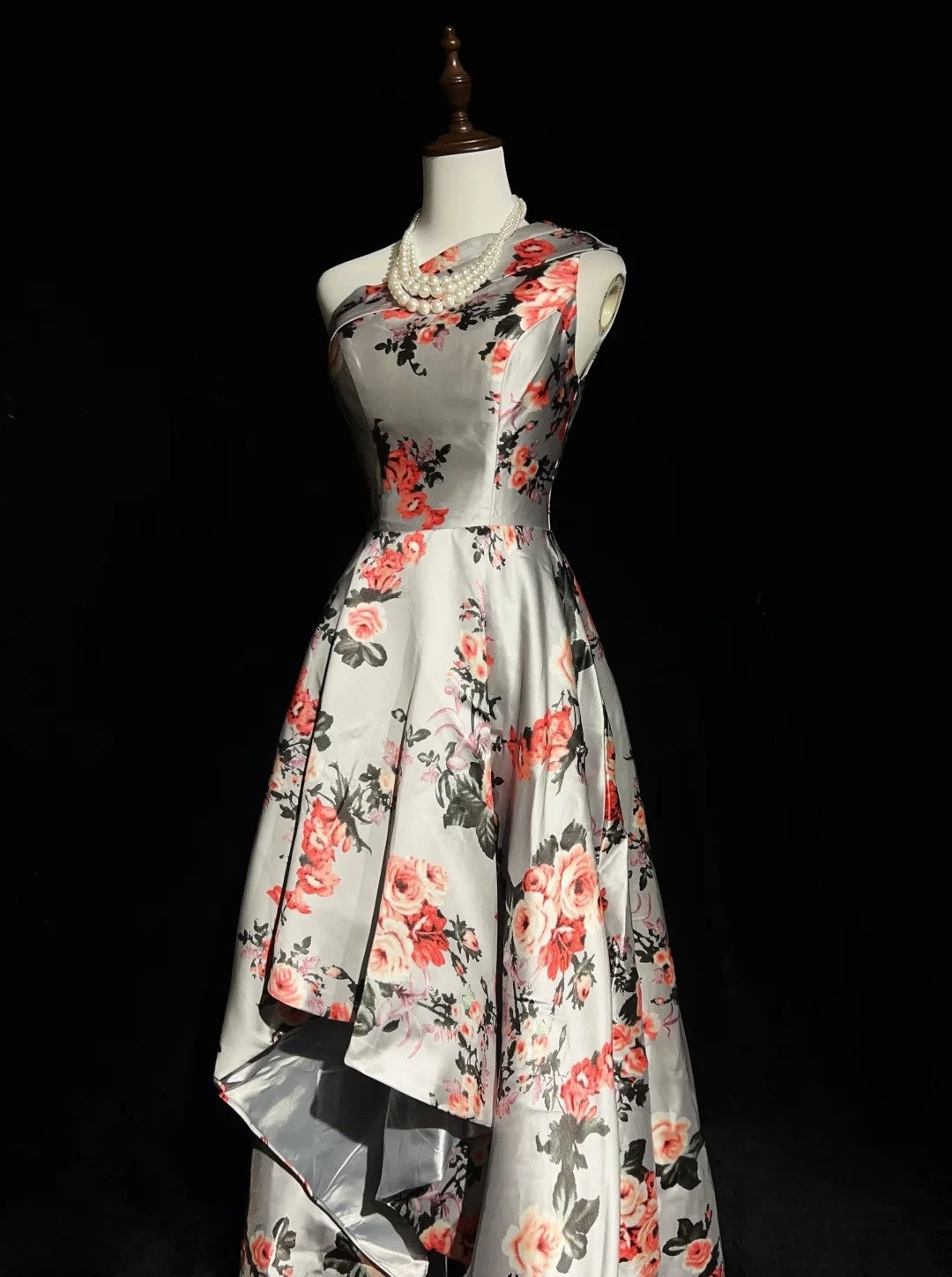 Vintage Prom Dresses A line One Shoulder Satin Floral 1980s Long Formal Evening Gown N2626