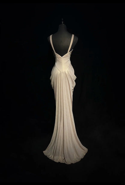 Elegantes Scheidenkleid mit V-Ausschnitt, champagnerfarbenem Chiffon mit plissiertem Oberteil, langes Ballkleid N2737