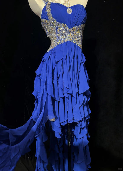 Vintage Prom Dresses 1950s High Low One Shoulder Royal Blue Chiffon With Layered Tiered Sleeveless Evening Formal Outfits RB4326