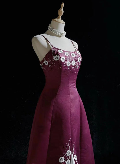Robes de bal de promo vintage, robe de soirée en satin violet à bretelles spaghetti avec perles, robe de soirée longue style années 1950 N2593