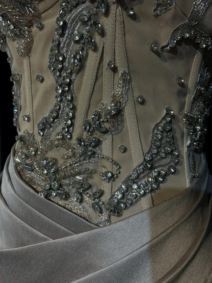 Robes de bal vintage des années 80 sirène bustier gris argenté avec perles tenues de soirée semi-formelles N3638