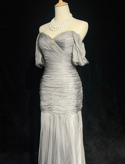 Robes de bal sirène modestes, en mousseline de soie grise avec manches, épaules dénudées, robe de soirée formelle N3847