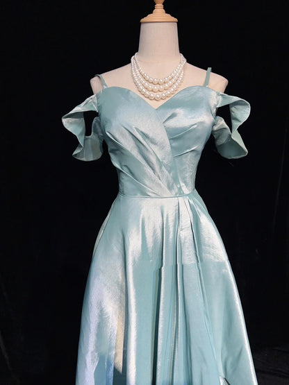 Robes de bal élégantes et chics ligne A en satin bleu ciel avec bretelles et manches, robes de soirée semi-formelles N3800