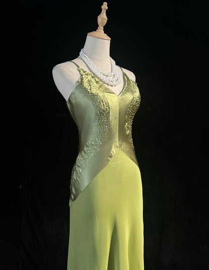 Modest Prom Dresses High Low Spaghetti Strap Green Satin Long Evening Outfits N3472
